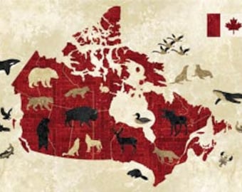 May include: A red outline of Canada with a Canadian flag in the upper right corner. The map is surrounded by a beige background with various animal silhouettes, including a bear, a wolf, a moose, a deer, a duck, a fish, a seal, a whale, and a bird.