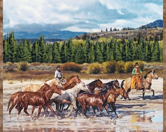 Horse Fabric Panel 28"x43",  DP26975-44 Hidden Valley by Northcott, Horse Roundup Bed Gift Quilt Tractor Horses Cows Stream Quilt Block