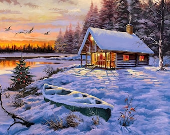 Snowy Log Cabin Fabric Panel 43&quot;x36&quot;, Log Cabin Canoe Lake, Art Licensing Fabric Panel