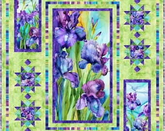 May include: A floral quilt featuring a vibrant watercolor design of purple irises. The quilt has a light green background with purple star and diamond accents. The central panel showcases large iris blooms, while smaller panels and borders frame the design.
