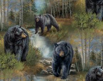 Tessuto orso nero 1/2 yard, 14020 Compagno riluttante Scenic, trapunta orso nero appeso a parete foresta rocce alberi acqua lago fiume