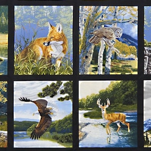 May include: A collage featuring eight different animals in their natural habitats. The animals include a moose, fox, owl, bear, wolf, eagle, deer, and elk. Each animal is depicted in a realistic style and is surrounded by lush greenery and a blue sky.