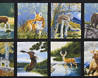 RARE Nature Fabric Panel 43&quot;x23&quot;, Bringing Nature Home 15209 Robert Kaufman, Wildlife Quilt Owl Bear Whitetail Deer Elk Eagle Wolves Moose