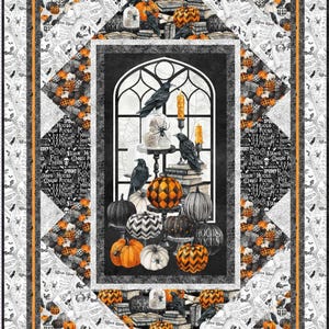 May include: A Halloween quilt with a central window scene featuring crows, pumpkins, and candles. The quilt has a black, white, and orange colour scheme with a repeating pattern of text and spiders.