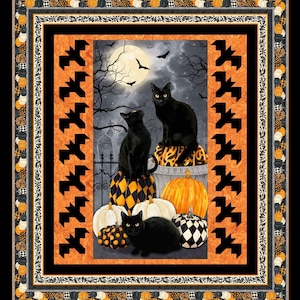 May include: Three black cats with green eyes sit on top of pumpkins and a stone pedestal in front of a dark, spooky forest. The scene is lit by a full moon and a single bat flies overhead.