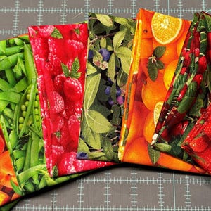 Tissu alimentaire, vendu par lot de gros morceaux ou à l'unité, tissu alimentaire Elizabeth Studios, couette fruits