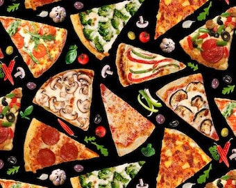 May include: A variety of pizza slices with different toppings, including pepperoni, mushrooms, vegetables, and cheese, arranged on a black background.