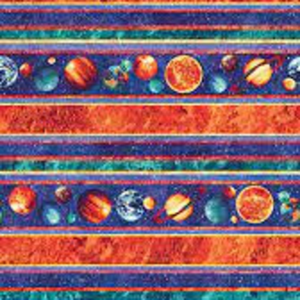 Planet Stripe Fabric Sold by the Half Yard, Out of the World Glow in Dark 37157-49 Northcott, Galaxy Gift Quilt Outer Space Planets Universe