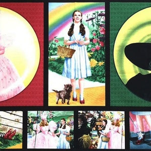 May include: A multi-panel fabric featuring scenes from the Wizard of Oz. The panels show Dorothy, the Wicked Witch of the West, and Glinda the Good Witch. The fabric is a great choice for quilting, crafts, and home decor.