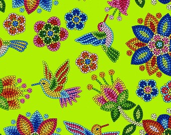Native Beadwork and Hummingbirds Fabric 1/2 Yard, 640Lime by Elizabeth's Studio, Indigenous Quilt Blanket Wall Hanging  Runner Ribbon Skirt