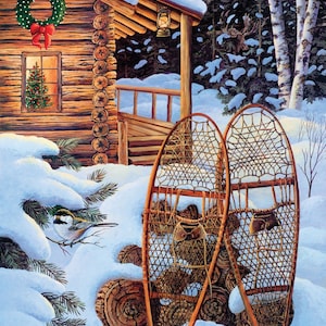 Log Cabin Christmas Fabric Panel, Evening Solitude Christmas Memories P8693 by Riley Blake, Christmas Snowshoes Chickadee Log Cabin Quilt