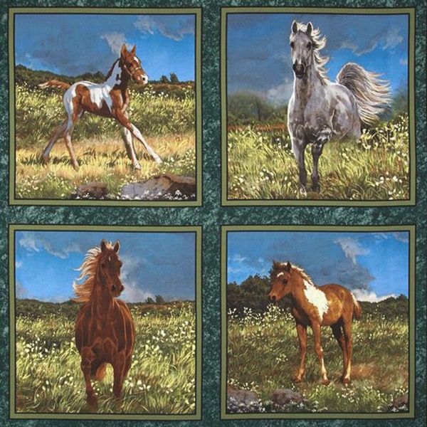 Coussin cheval 36 x 43 po, Camden Yard CP55735, panneau de tissu Horses avec 4 images séparées