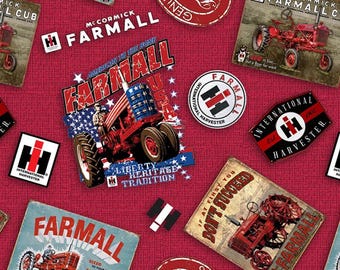 Postal de tela con tractor de Farmall, 1/2 yarda, tractor rojo vintage, edredón para cama con tractor de granja para colgar en la pared