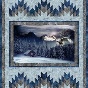 Quilt Kit 60”x73&quot;, Mystic Owl Call of the Wild fabrics by Hoffman, Owl Log Cabin Nothern Lights Gift Bed Quilt Forest Winter
