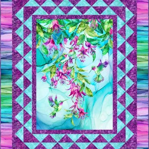 Quilt Kit 52&quot;x64&quot;, Hummingbird Geese Quilt Kit using Concerto fabrics from Northcott Fabrics, Fushia Flowers Hummingbird Gift Bed Quilt