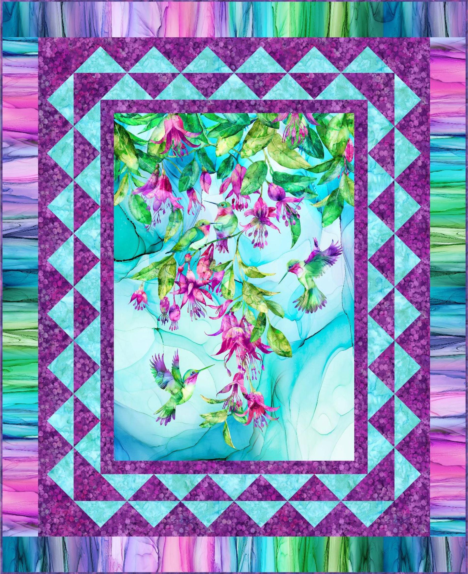 Quilt Kit 52"x64", Hummingbird Geese Quilt Kit using Concerto fabrics from Northcott Fabrics, Fushia Flowers Hummingbird Gift Bed Quilt