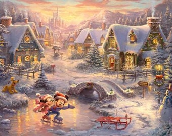 Mickey & Minnie Winter Skating Village Fabric Panel 36"x44", Disney by Thomas Kinkade licensed by David Textiles Digital Cotton Fabric Panel