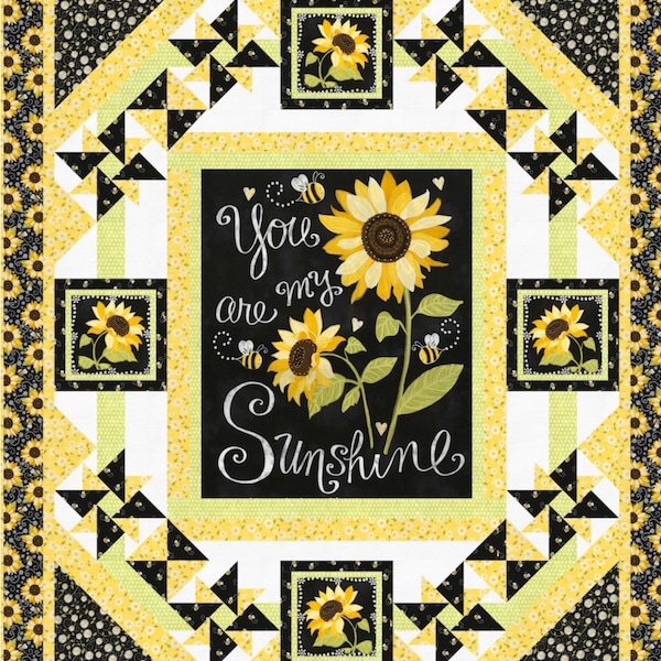 Quilt Kit 59"x69" Sunny Garden, You are my Sunshine fabrics by Timeless Treasures, Sunflower bees Gifts Bed Quilt Home Decor