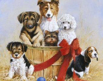 Dogs in Basket Fabric Panel 36"x43",P7825 Wild & Play by Penny Rose Studio, Christmas Dogs Gift Yorkie Terrier Shepherd Maltese Basset