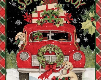 Season of Joy Puppies Christmas Fabric Panel 36"x43", 77512D650715 by Springs Creative, Christmas Farm Red Barn Gift  Bed Quilt