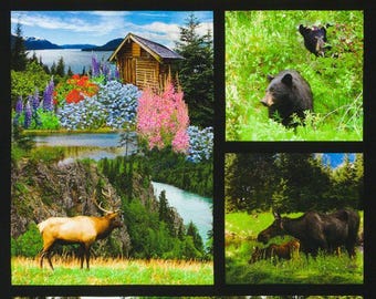 Pannello animali Pannello in tessuto naturale 43"x23", # SRKD20813268 Robert Kaufman, Aquila calva Alce Bisonte Orso nero Capanna di tronchi Alce Grizzly Alce