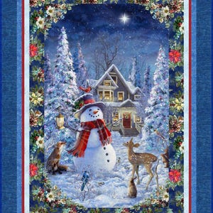 May include: A snowy winter scene with a snowman standing in front of a house with a lit window. A deer, a fox, and a rabbit are standing near the snowman. The scene is framed with a blue, red, and white border.