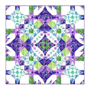 May include: A colorful quilt with a geometric pattern. The design features squares, diamonds, and triangles in shades of purple, green, and teal, set against a white background. The quilt's intricate design is symmetrical and visually appealing.