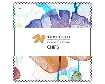 May include: A fabric swatch with a watercolor floral design in shades of blue, purple, and orange. The swatch has a white rectangular label with the text "NORTHCOTT" and "CHIPS". The fabric has a zig-zag edge.