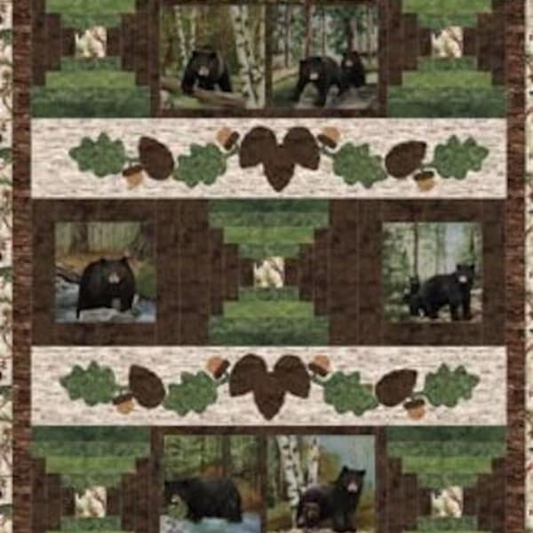 Quilt Kit Woodland Bears Flannel 73"x87", Black Bear Lodge Flannel by Northcott, Bear Bed Quilt Blanket Fabric Kit Gift