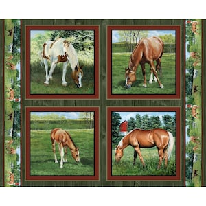 May include: Four different images of horses grazing in a field. The horses are brown and white, and the fields are green. The images are framed with a wooden border.