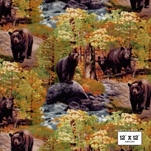 Bear Fabric 30"x43", Linus Americanus 9203Multi by Elizabeth's Studio, Fall Bear Quilt Wall Hanging Placemats Table Runner