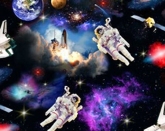Tessuto astronauti pianeti 1/2 yard, tessuti In Space 1298E-Blk di Elizabeth's Studios, Galaxy Gift Bed Quilt Outer Space Planets Universe