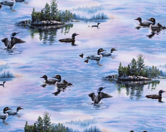 Loons on the Lake Scenic Sold by the Half Yard, Pattern # 8910 Blue, Elizabeth's Studio, 100% Cotton Woven Fabric