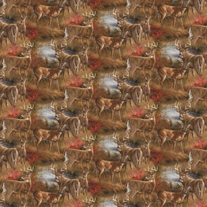 Whitetails Fabric 1/2 Yard, CP64258 Amongst the Shadows Deer Allover, Farm Yard Deer Doe Buck Quilt Wall Hanging Stream Water Lake Grass