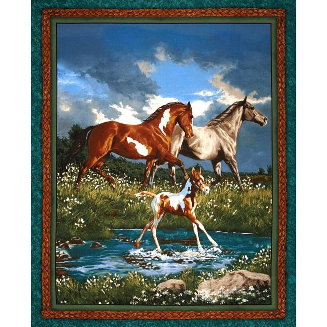 Horse Fabric Panel 36x44, Horses and Foal in Water, Camden Yard Wall