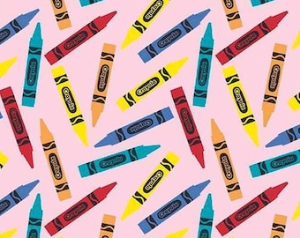 May include: A pattern of colorful crayons in various colors, including red, blue, yellow, and orange, scattered on a light pink background. The crayons are labeled with the brand name "Crayola".
