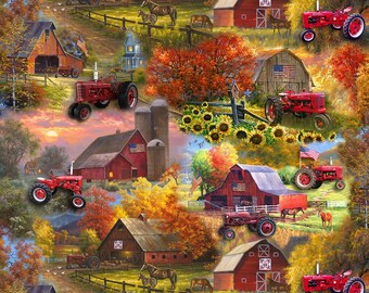 Tela con tractor Farmall de 1/2 yarda, tractor rojo vintage, edredón para cama con tractor agrícola para colgar en la pared
