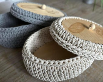 Crochet Bread Basket with Wooden base and top - Handmade Home Decor