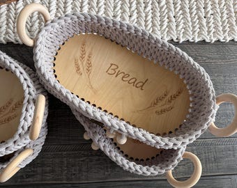 Crochet Bread Basket with Wooden Base & Handles - Handmade Home Decor