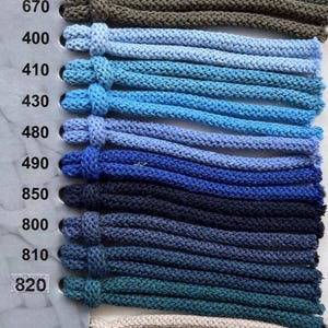 May include: A color swatch card featuring multiple braided cords in various shades of blue, green, brown, and beige. Each cord is looped through the card next to its corresponding numerical identifier, including 665, 670, 400, 410, 430, 480, 490, 850, 800, 810, 820, 720, and 730.