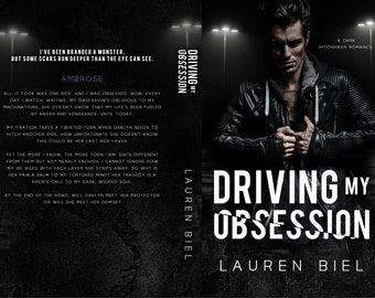 May include: Book cover for the novel "Driving My Obsession" by Lauren Biel. The cover features a man in a black leather jacket with a serious expression on his face. The title of the book is written in large white letters across the cover. The book is described as a dark hitchhiker romance.