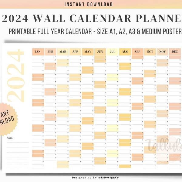 2024 Minimal Wall Planner, Full Year Wall Calendar 2024, Printable Planner Calendar, 2024 Monthly Planner, Annual Planner Instant Download.