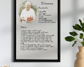 Receta personalizada escrita a mano con impresión en lienzo con foto, recuerdo decorativo para la pared de la cocina, regalo de Navidad para mamá, tía o abuela.