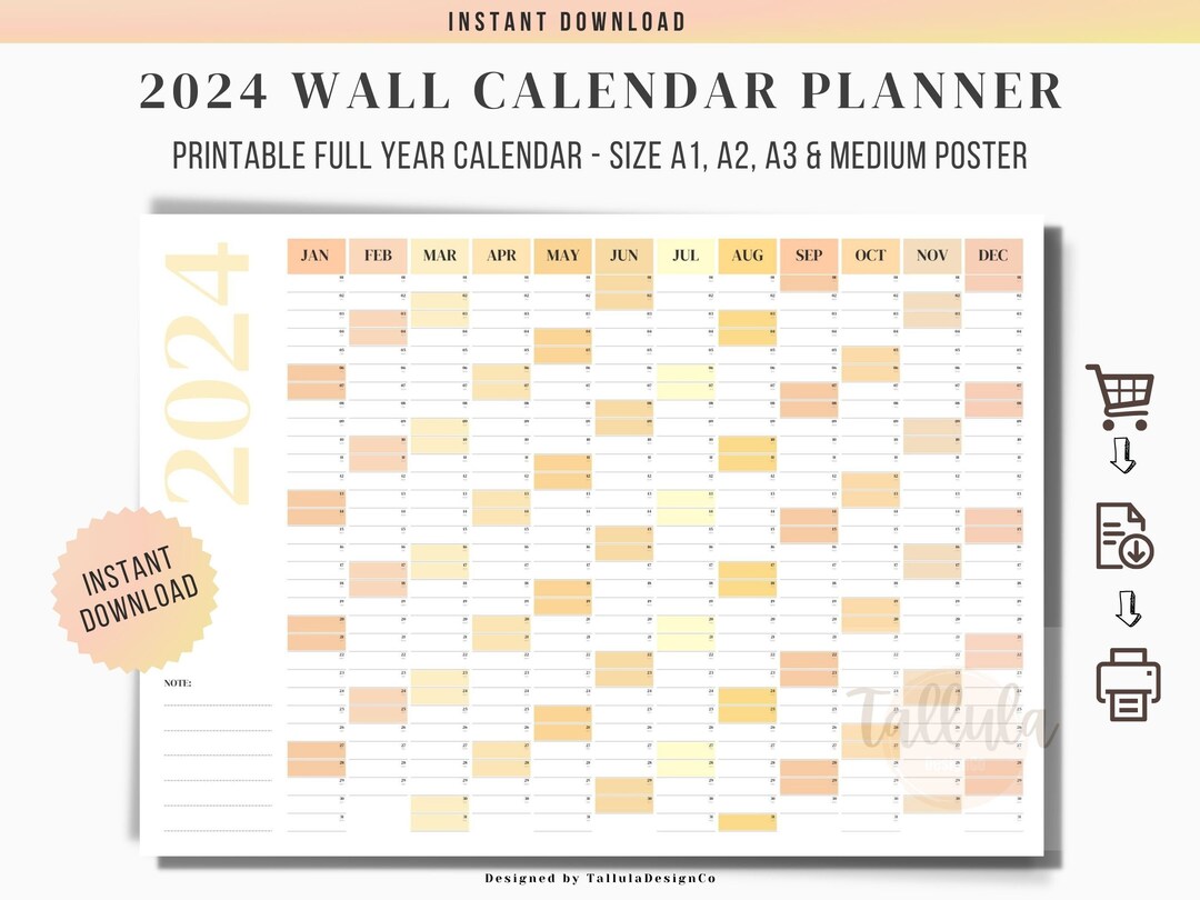 2024 Minimal Wall Planner, Full Year Wall Calendar 2024, Printable