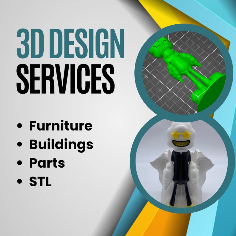 May include: 3D Design Services: Furniture, Buildings, Parts, STL.  Two 3D printed figures, one green and one white, are shown in the image.