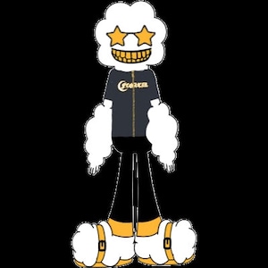 May include: A cartoon character with a white cloud-shaped head, wearing a black jacket with a gold zipper and the word "CREW" in gold lettering. The character has yellow star-shaped eyes and a yellow toothy grin. The character has white cloud-shaped arms and legs, and is wearing yellow shoes.