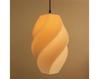 May include: A white, woven, spiral-shaped pendant light fixture hangs from a black cord.