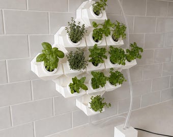 May include: A white, diamond-shaped vertical hydroponic planter system featuring multiple circular planting pods filled with various green herbs. A clear plastic tube connects the planter structure to a white square base unit with a black power cord.