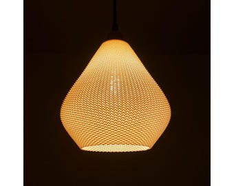 May include: A light brown pendant lamp with a geometric pattern. The lampshade is made of a woven material and has a pear-shaped design.