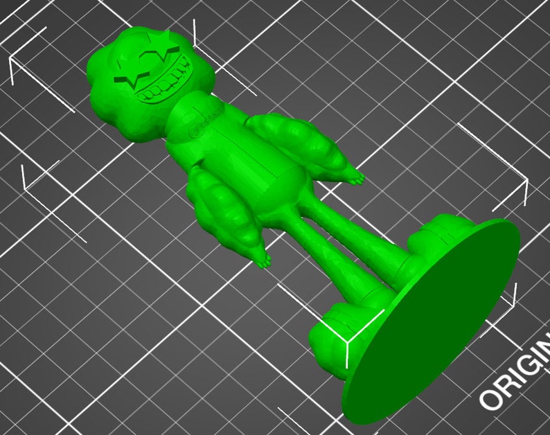 May include: Green 3D printed figurine of a cartoon character with a large head and a wide grin. The character has a large, round head with a wide, toothy grin. The body is made up of large, rounded limbs. The figurine is standing on a round base.